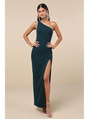 Lulus Glamorous Muse Emerald Rhinestone One-Shoulder Maxi Dress.